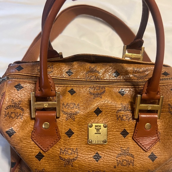 MCM Cognac Leather Satchel with Gold Details
